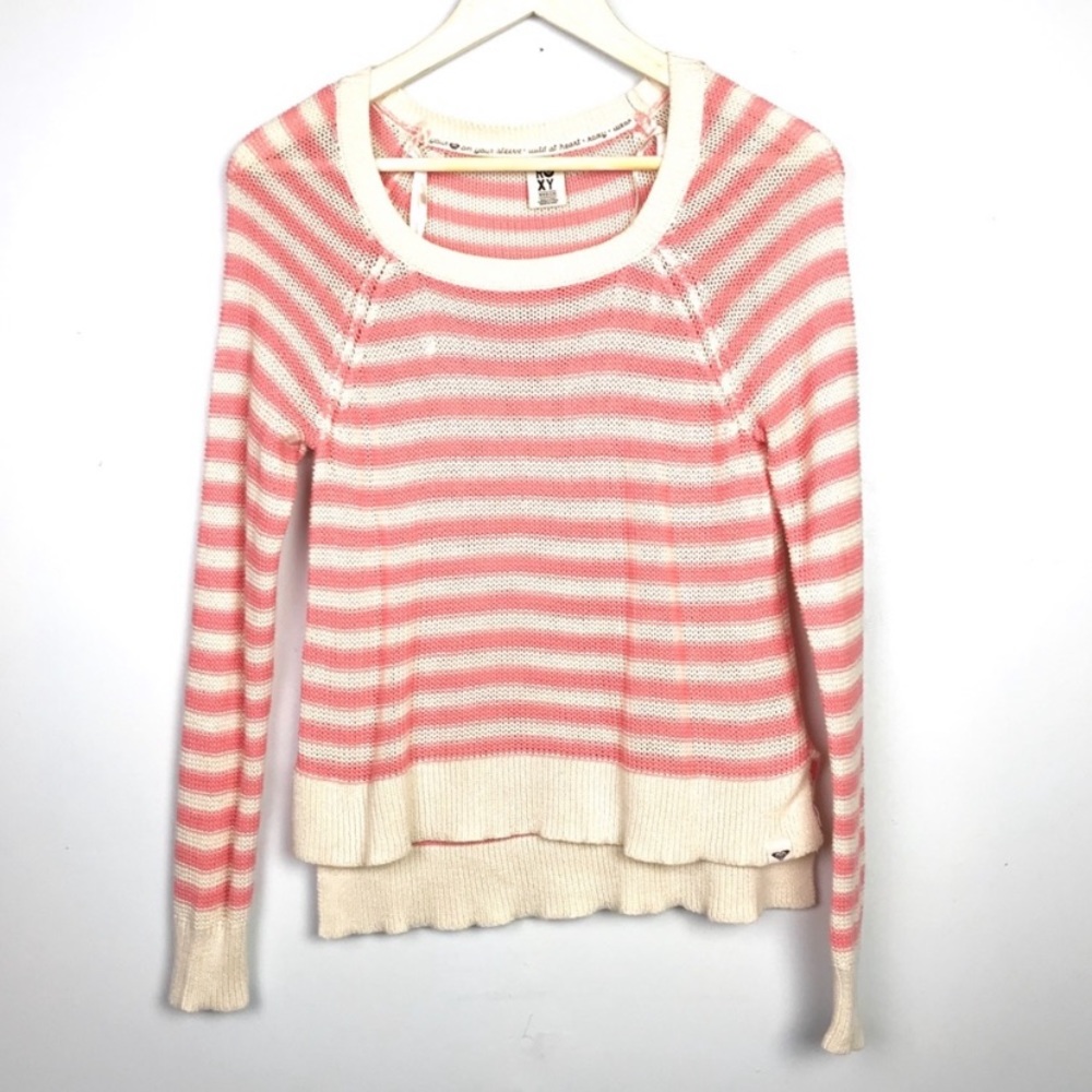Roxy Pink and Cream Striped Thin Knit Sweater